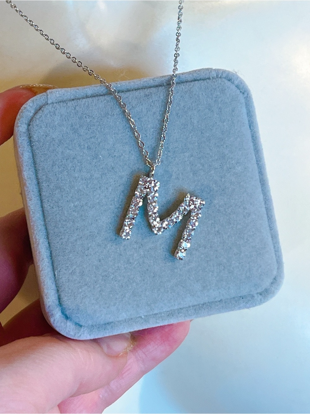 M crystal initial silver 18” to 20” necklace letter
